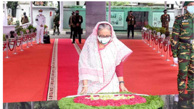 বঙ্গবন্ধুর প্রতিকৃতিতে প্রধানমন্ত্রীর শ্রদ্ধা
