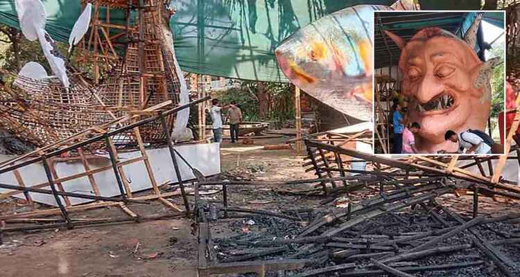 আনন্দ শোভাযাত্রার জন্য বানানো হাসিনার মুখাকৃতিতে আগুন