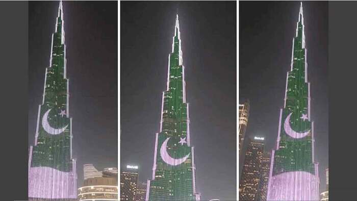পাকিস্তানের পতাকায় আলোকিত দুবাইয়ের বুর্জ খলিফা